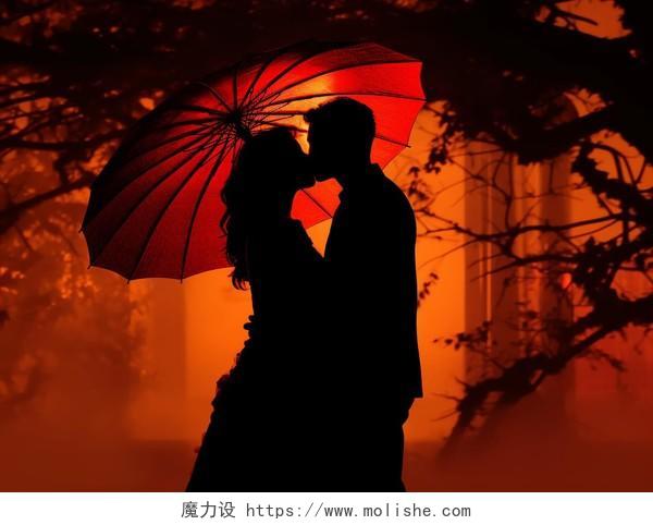 中国红的传统中式婚礼新郎新娘在伞下幸福亲吻的剪影
